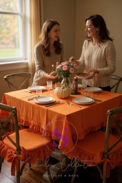 Buldan Keteni Fırfırlı Vintage ORANJE Masa Örtüsü 140 x 140