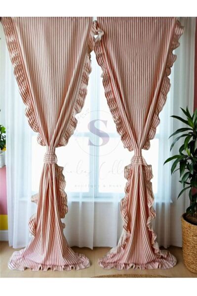 TURUNCU ÇİZGİLİ CİFT TARAFLI FIRFIRLI Vintage Pamuk Keten Perde (EN X BOY) - Tek Kanat - Pilesiz