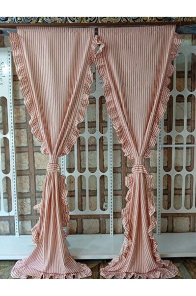 TURUNCU ÇİZGİLİ CİFT TARAFLI FIRFIRLI Vintage Pamuk Keten Perde (EN X BOY) - Tek Kanat - Pilesiz