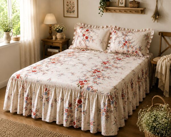 Vintage BAHAR  ÇİÇEKLİ Fırfırlı Etekli Lastikli Çarşaf Takımı 90 x 200