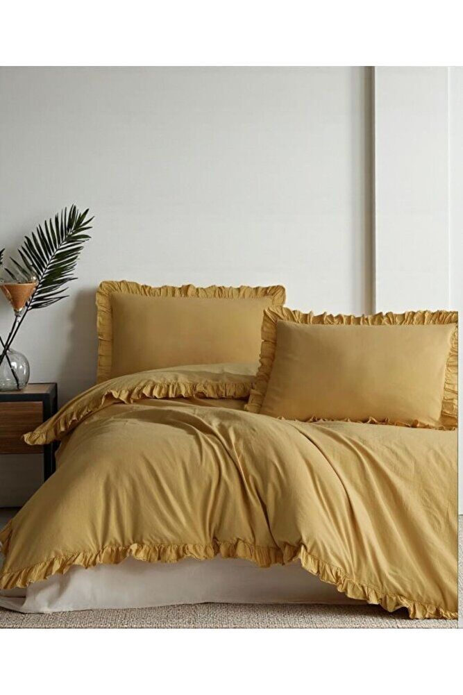 OKSİT SARI % 100 Pamuk FIRFIRLI KETEN Çift Kişilik Nevresim Takımı (200 x220)