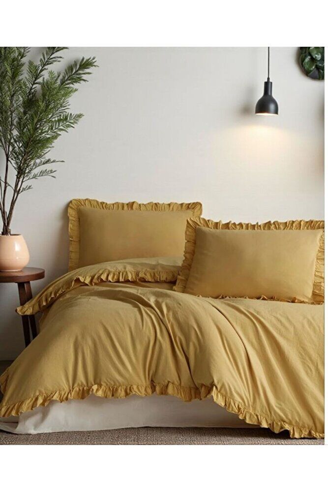 OKSİT SARI % 100 Pamuk FIRFIRLI KETEN Çift Kişilik Nevresim Takımı (200 x220)