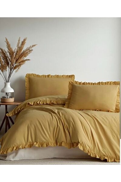 OKSİT SARI % 100 Pamuk FIRFIRLI KETEN Çift Kişilik Nevresim Takımı (200 x220)