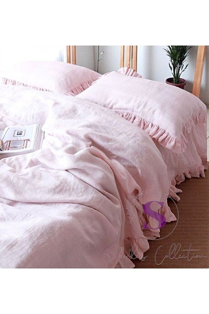 % 100 Pamuk PEMBE FIRFIRLI KETEN Çift Kişilik Nevresim Takımı (200 x220)