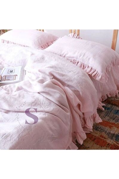 % 100 Pamuk PEMBE FIRFIRLI KETEN Çift Kişilik Nevresim Takımı (200 x220)