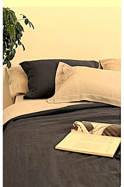 SİYAH-NATUREL 100%100 Pamuklu Yıkamalı Vintage Çift Kişilik Nevresim Takımı, ( 200 x 220)