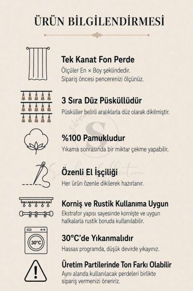 Bohem Püskül Serisi 3 Sıra Düz Püsküllü Naturel Buldan Keten Fon Perde En x Boy Tek Kanat
