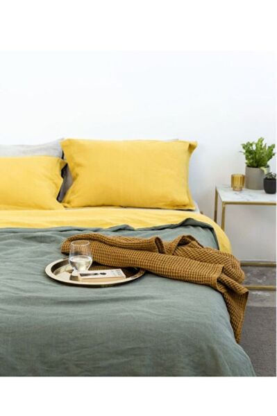 OKSİT SARI-YEŞİL % 100%100 Pamuklu Yıkamalı Vintage Çift Kişilik Nevresim Takımı, ( 200 x 220)