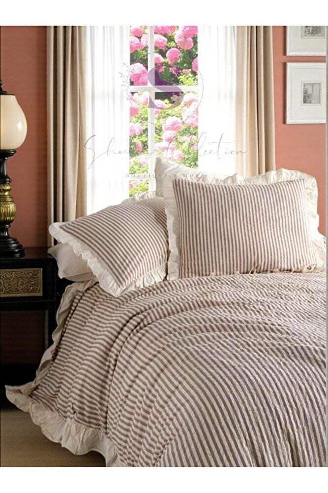 KAHVE-BEJ % 100 Pamuk Fırfır İplik Boyalı Çift Kişilik Nevresim Takımı,Modern Çizgili nevresım Seti