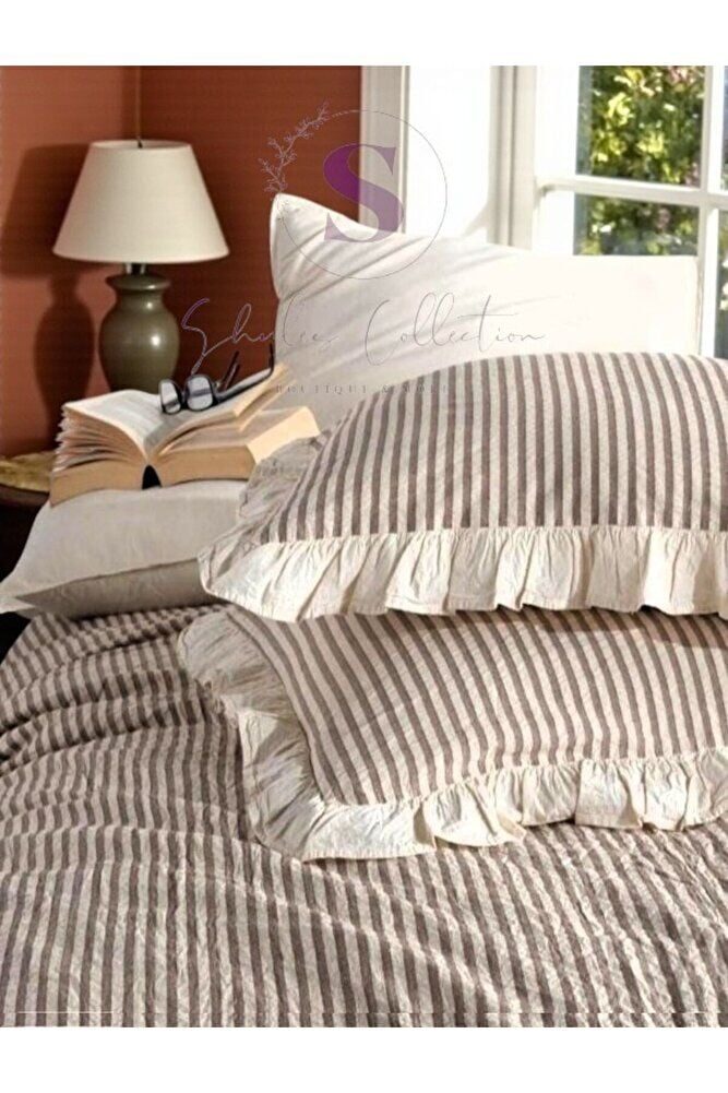 KAHVE-BEJ % 100 Pamuk Fırfır İplik Boyalı Çift Kişilik Nevresim Takımı,Modern Çizgili nevresım Seti