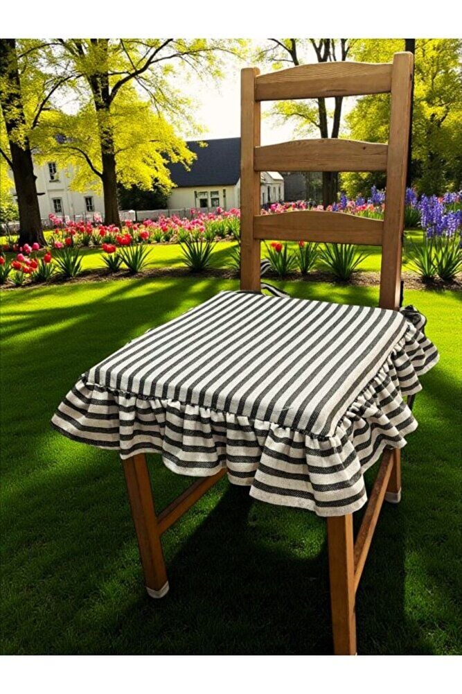 SİYAH ÇİZGİLİ BULDAN YIKANMIS KETEN 4 TARAFI FIRFIRLI SANDALYE MİNDERİ