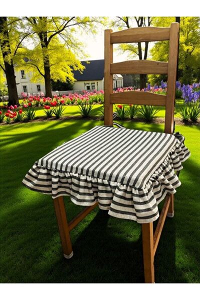 SİYAH ÇİZGİLİ BULDAN YIKANMIS KETEN 4 TARAFI FIRFIRLI SANDALYE MİNDERİ