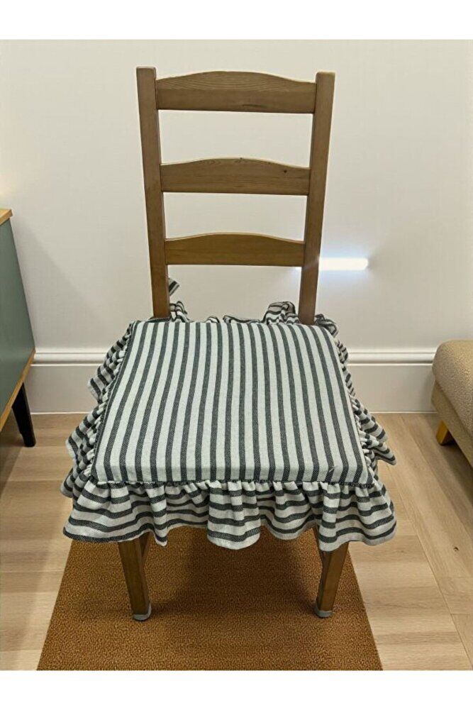 SİYAH ÇİZGİLİ BULDAN YIKANMIS KETEN 4 TARAFI FIRFIRLI SANDALYE MİNDERİ