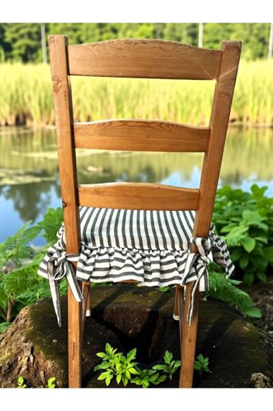 SİYAH ÇİZGİLİ BULDAN YIKANMIS KETEN 4 TARAFI FIRFIRLI SANDALYE MİNDERİ