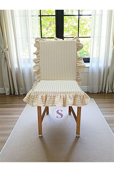 SARI ÇİZGİLİ BULDAN KETENİ ARKALIKLI FERMUARLI SANDALYE MİNDERİ