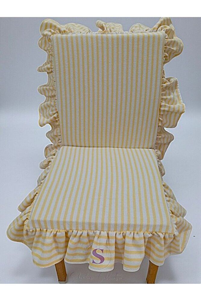 SARI ÇİZGİLİ BULDAN KETENİ ARKALIKLI FERMUARLI SANDALYE MİNDERİ