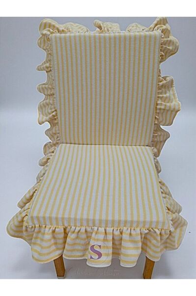 SARI ÇİZGİLİ BULDAN KETENİ ARKALIKLI FERMUARLI SANDALYE MİNDERİ