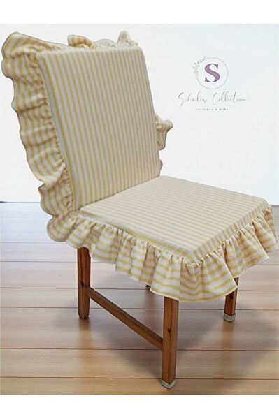 SARI ÇİZGİLİ BULDAN KETENİ ARKALIKLI FERMUARLI SANDALYE MİNDERİ