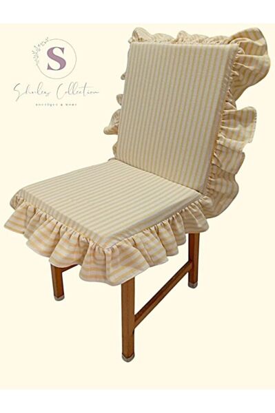 SARI ÇİZGİLİ BULDAN KETENİ ARKALIKLI FERMUARLI SANDALYE MİNDERİ