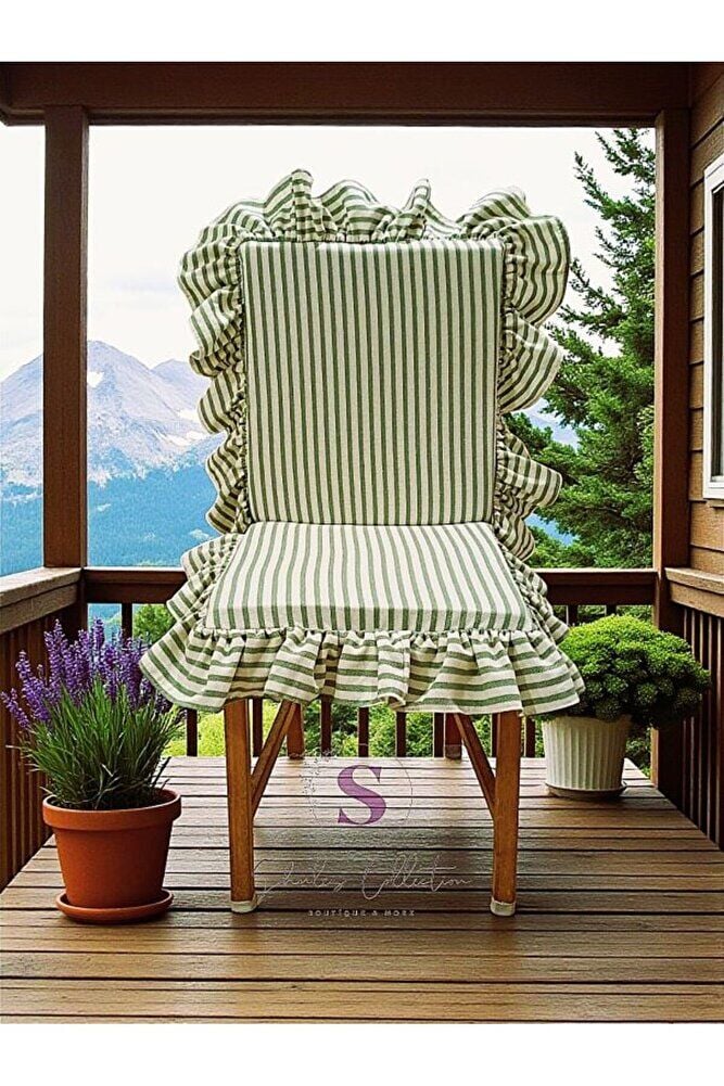 YEŞİL ÇİZGİLİ BULDAN KETENİ ARKALIKLI FERMUARLI SANDALYE MİNDERİ