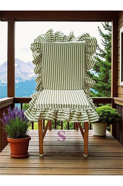 YEŞİL ÇİZGİLİ BULDAN KETENİ ARKALIKLI FERMUARLI SANDALYE MİNDERİ