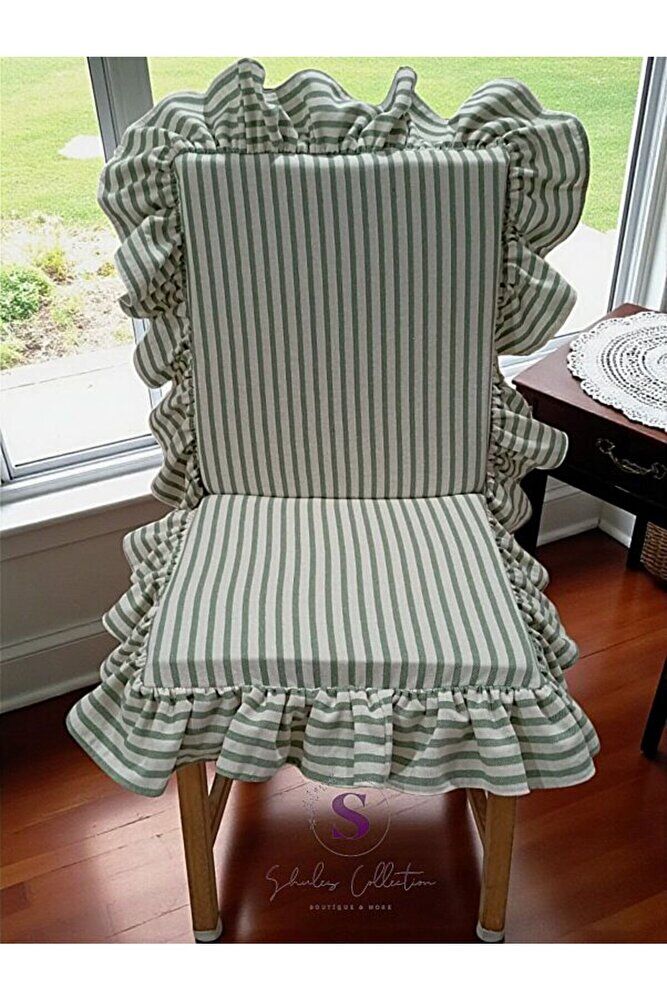 YEŞİL ÇİZGİLİ BULDAN KETENİ ARKALIKLI FERMUARLI SANDALYE MİNDERİ