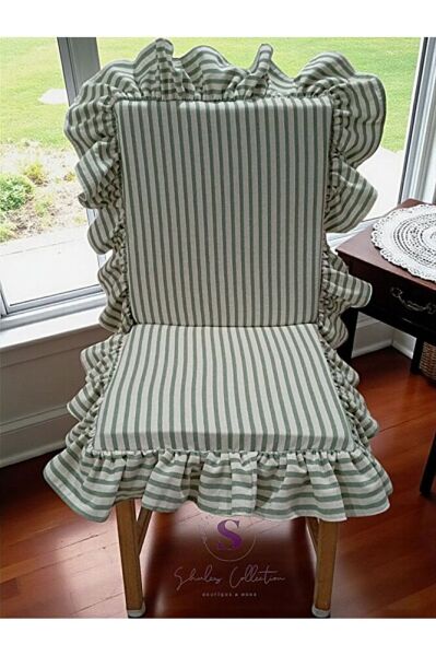 YEŞİL ÇİZGİLİ BULDAN KETENİ ARKALIKLI FERMUARLI SANDALYE MİNDERİ