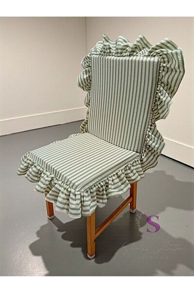 YEŞİL ÇİZGİLİ BULDAN KETENİ ARKALIKLI FERMUARLI SANDALYE MİNDERİ