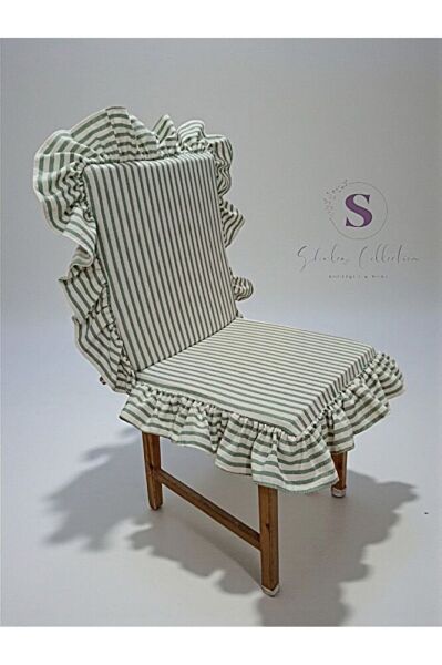 YEŞİL ÇİZGİLİ BULDAN KETENİ ARKALIKLI FERMUARLI SANDALYE MİNDERİ