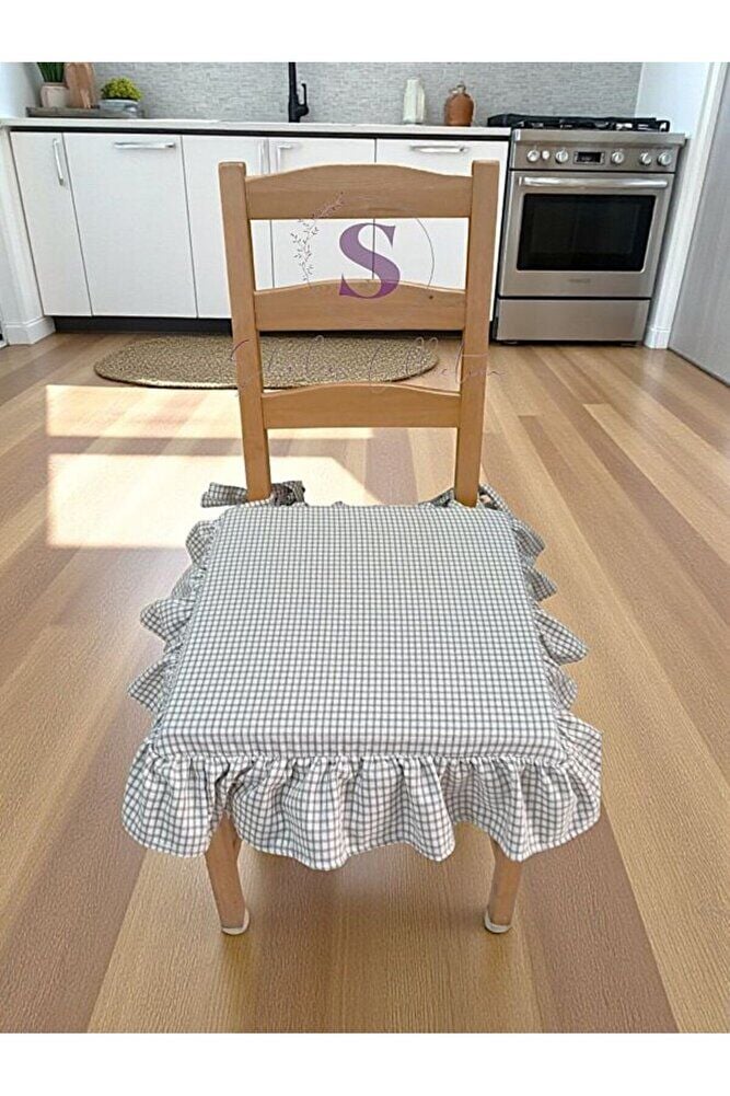 GRİ PİTİKARELİ BULDAN YIKANMIS KETEN 4 TARAFI FIRFIRLI SANDALYE MİNDERİ