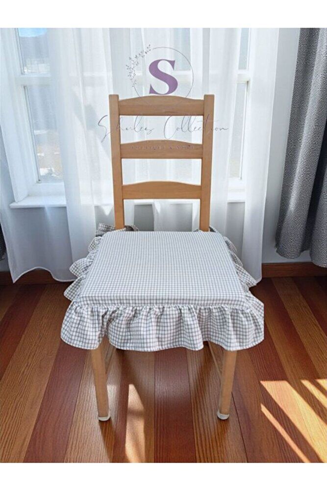 GRİ PİTİKARELİ BULDAN YIKANMIS KETEN 4 TARAFI FIRFIRLI SANDALYE MİNDERİ