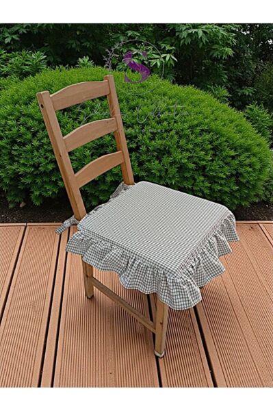 GRİ PİTİKARELİ BULDAN YIKANMIS KETEN 4 TARAFI FIRFIRLI SANDALYE MİNDERİ