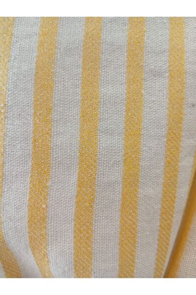 CİFT TARAFLI FIRFIRLI SARI ÇİZGİLİ Vintage Pamuk Keten Perde (EN X BOY) - Tek Kanat - Pilesiz