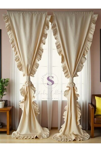 CİFT TARAFLI FIRFIRLI SARI ÇİZGİLİ Vintage Pamuk Keten Perde (EN X BOY) - Tek Kanat - Pilesiz