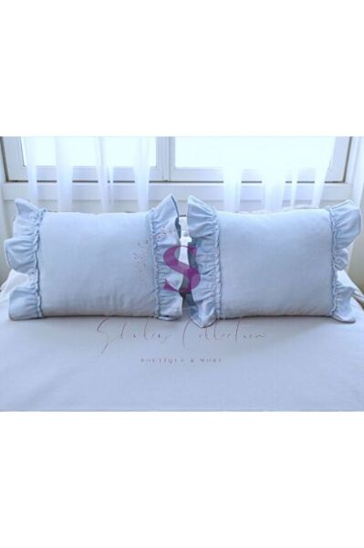 MAVİ Keten Bohem Fırfırlı Vintage 2'li Dikdörtgen Kırlent Kılıfı