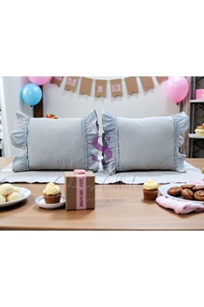 MAVİ Keten Bohem Fırfırlı Vintage 2'li Dikdörtgen Kırlent Kılıfı