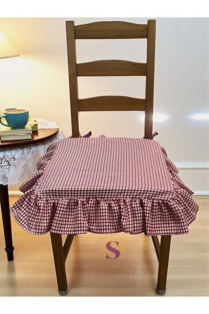 KIRMIZI PİTİKARELİ BULDAN YIKANMIS KETEN 4 TARAFI FIRFIRLI SANDALYE MİNDERİ