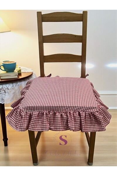 KIRMIZI PİTİKARELİ BULDAN YIKANMIS KETEN 4 TARAFI FIRFIRLI SANDALYE MİNDERİ