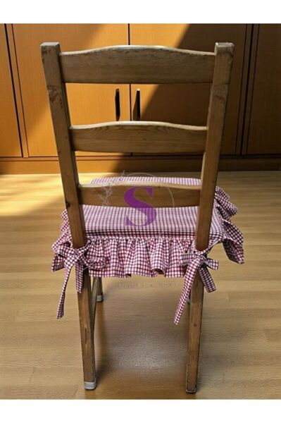 KIRMIZI PİTİKARELİ BULDAN YIKANMIS KETEN 4 TARAFI FIRFIRLI SANDALYE MİNDERİ