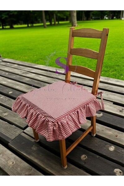 KIRMIZI PİTİKARELİ BULDAN YIKANMIS KETEN 4 TARAFI FIRFIRLI SANDALYE MİNDERİ