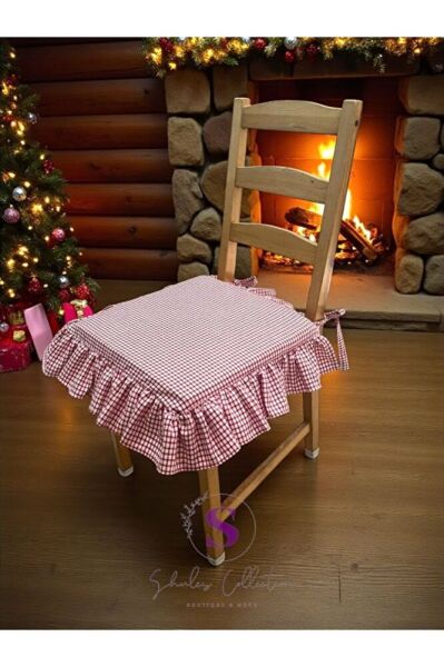 KIRMIZI PİTİKARELİ BULDAN YIKANMIS KETEN 4 TARAFI FIRFIRLI SANDALYE MİNDERİ
