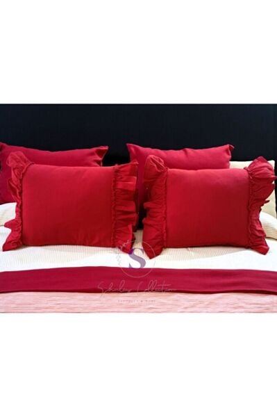 KIRMIZI Keten Bohem Fırfırlı Vintage 2'li Dikdörtgen Kırlent Kılıfı