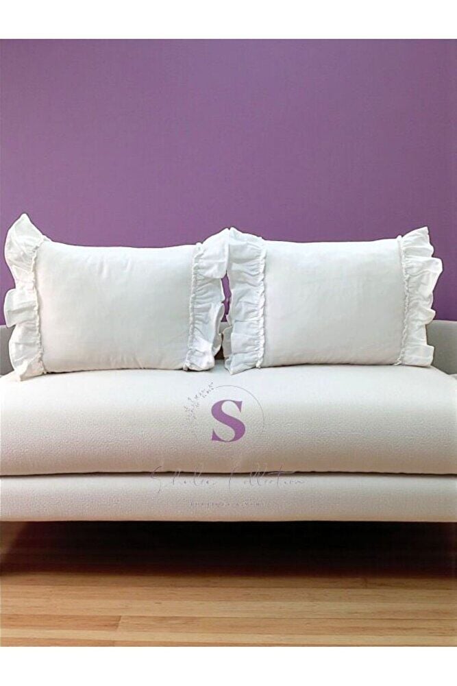 BEYAZ Keten Bohem Fırfırlı Vintage 2'li Dikdörtgen Kırlent Kılıfı