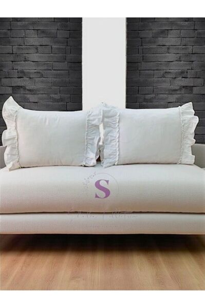 BEYAZ Keten Bohem Fırfırlı Vintage 2'li Dikdörtgen Kırlent Kılıfı