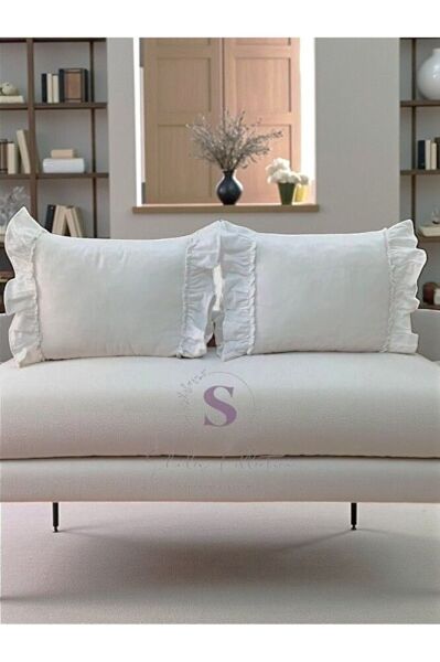 BEYAZ Keten Bohem Fırfırlı Vintage 2'li Dikdörtgen Kırlent Kılıfı