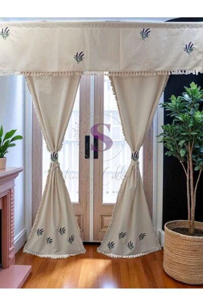 LAVANTA NAKIŞLI NATUREL Vintage Pamuk Keten FARBELA Perde (BOY X EN) PİLESİZ