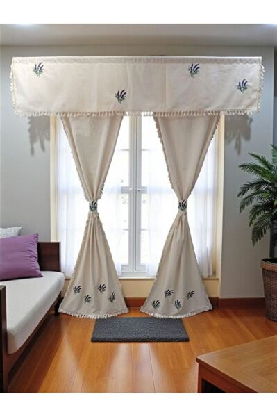 LAVANTA NAKIŞLI NATUREL Vintage Pamuk Keten FARBELA Perde (BOY X EN) PİLESİZ