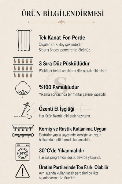 Bohem Püskül Serisi 3 Sıra Düz Püsküllü Naturel Buldan Keten Fon Perde En x Boy Tek Kanat 90 X200