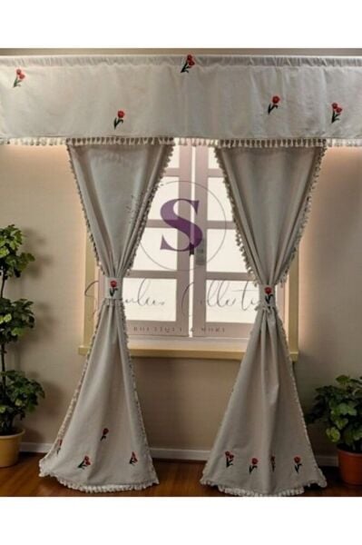 LALE NAKIŞLI NATUREL Vintage Pamuk Keten FARBELA Perde (BOY X EN) PİLESİZ