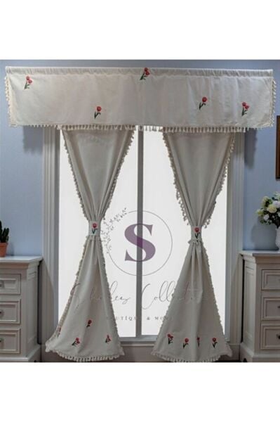 LALE NAKIŞLI NATUREL Vintage Pamuk Keten FARBELA Perde (BOY X EN) PİLESİZ